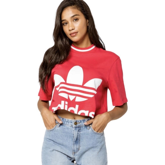 adidas Tops - Red adidas cropped trefoil‎ logo tee shirt top Sz Small